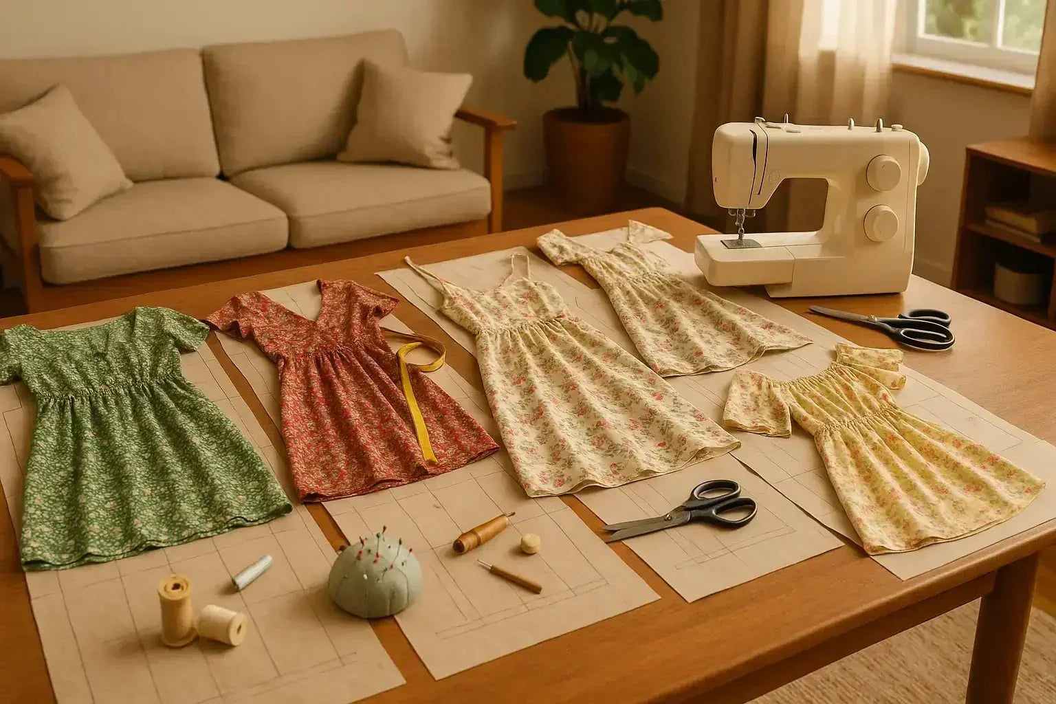 5 modèles de robes d’été simples à coudre disposés sur une table avec une machine à coudre et outils de couture.