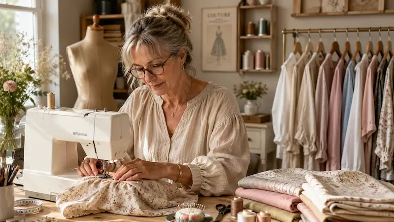 Création d'une blouse femme en couture dans un atelier avec tissus naturels et machine à coudre