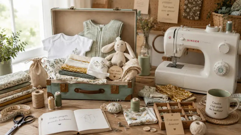 Box de naissance cousue main avec gigoteuse, body bébé, doudou, tissus fleuris et machine à coudre dans un atelier de couture artisanal
