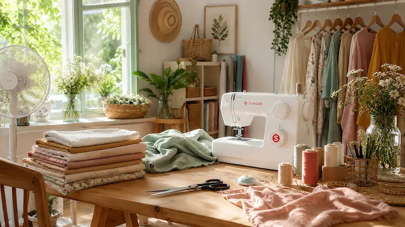 Atelier de couture estival avec machine Singer, tissus en lin et coton pour coudre des vêtements légers d'été