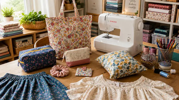 Atelier de couture débutant avec machine à coudre Singer, tote bag, trousse, blouse, jupe et accessoires faciles à réaliser pour apprendre la couture