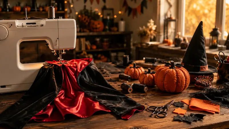 Couture Halloween avec cape de vampire, citrouilles en tissu et décorations faites maison