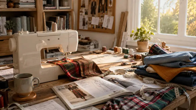 Atelier de couture lumineux avec machine à coudre, tissus tartan, denim et velours côtelé, patrons de couture ouverts et accessoires de couture pour préparer les projets de rentrée