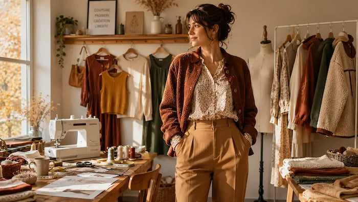 Femme dans un atelier de couture portant une tenue d’automne cousue main avec blouse, pantalon camel et veste