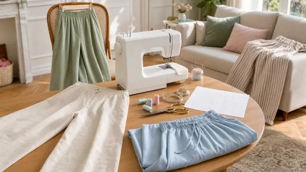 Machine à coudre familiale dans un salon parisien avec plusieurs pantalons légers femme cousus pour l’été.