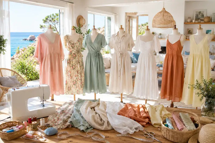 Robes d’été cousues main dans un salon lumineux au bord de la mer avec machine à coudre et tissus naturels estivaux.