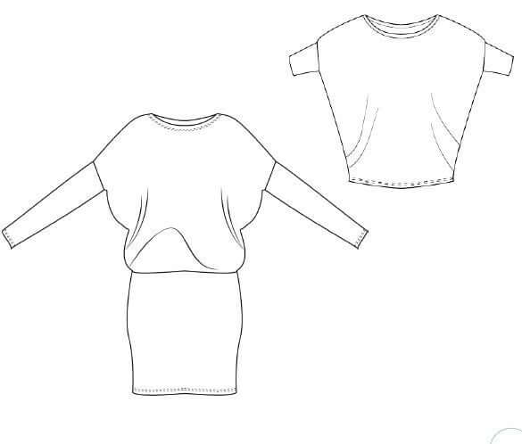 Schéma de la robe/top "Zanka", encolure bateau, manches amples et jupe moulante pour un style élégant.