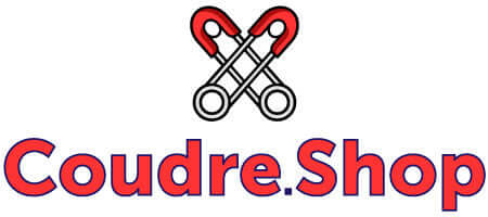 Coudre.Shop logo avec des aiguilles à coudre, site pour patron de couture à télécharger.