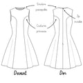 Dessin technique du patron de couture pdf à télécharger pour la Robe Rochelle du 32 au 56, montrant les coutures princesse et zip invisible.