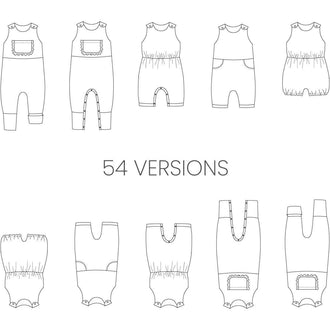 Illustration du BERGAMOTE - La combinaison aux 54 versions, patron de couture pdf à télécharger pour combi bébé.