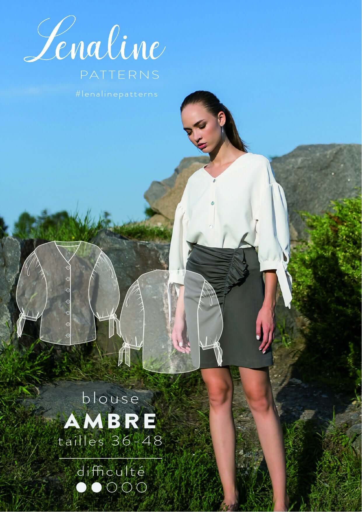 Blouse Ambre avec manches bouffantes et encolure en V, patron de couture pdf à télécharger.