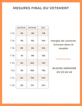 Tableau des mesures pour le patron de couture pdf à télécharger de la Blouse Anémone, tailles 32 à 46, marges incluses.