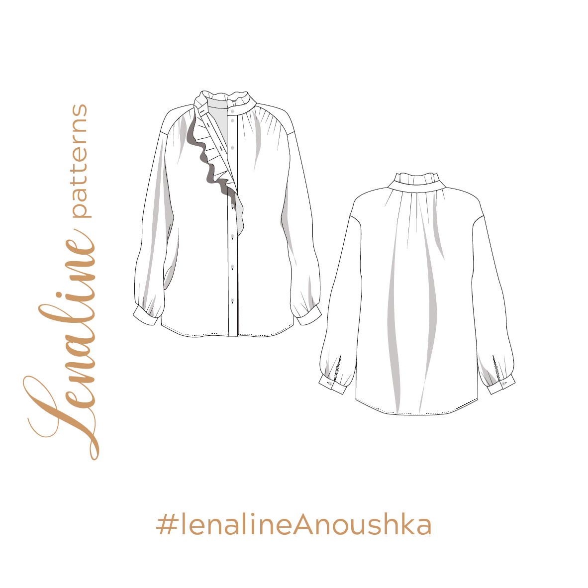 Illustration du patron de couture PDF Blouse Anoushka avec col montant et poignets froncés.