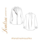 Illustration du patron de couture PDF Blouse Anoushka avec col montant et poignets froncés.