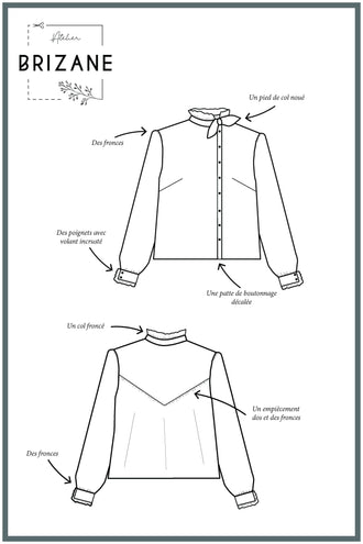 Illustration du modèle de blouse ENOÉ, montrant les fronces, le col noué et la patte de boutonnage décalée.