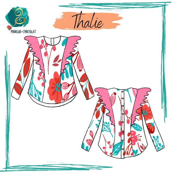 Blouse Thalie, modèle de couture avec volants aux épaules, col rond, à télécharger en format PDF pour tailles 36 à 50.