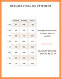 Tableau des mesures final du blouson Cosmos, tailles T32 à T46, incluant marges de couture.