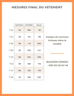 Tableau des mesures final du blouson Cosmos, tailles T32 à T46, incluant marges de couture.