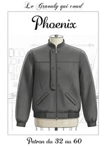 Patron PDF Bomber Phoenix du 32 au 60, vue de face en sergé à motif chevron gris, col montant et poches plaquées