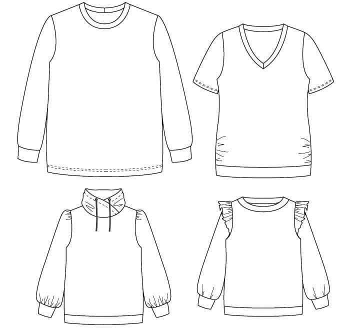 Illustration des options du "CACAO - LE sweat / t-shirt multi-options", patron de couture pdf à télécharger. Vêtement pour toute la famille.