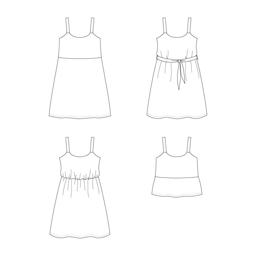Patron de couture pdf à télécharger pour CLEMENTINE - Le top et la robe d'été, illustration des déclinaisons vestimentaires.