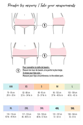 Guide de mensuration pour culottes menstruelles Bloody Mary, montrant les tailles et instructions en français.