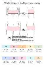 Guide de mensuration pour culottes menstruelles Bloody Mary, montrant les tailles et instructions en français.