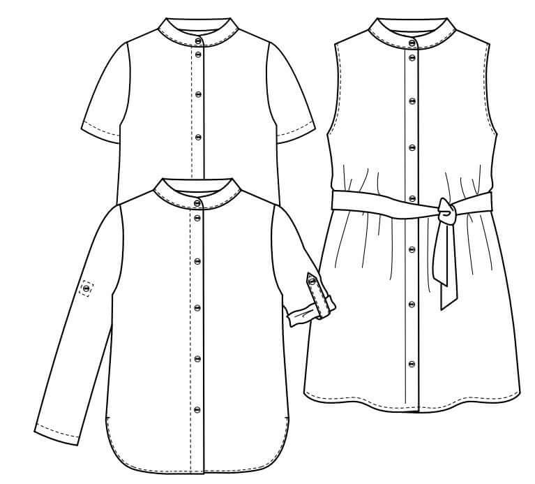 Illustration du patron de couture pdf à télécharger DRAGON - La chemise ou robe pour toute la famille, avec col mao élégant.