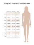 Tableau des quantités de tissus et fournitures pour les débardeurs Cara selon les tailles.