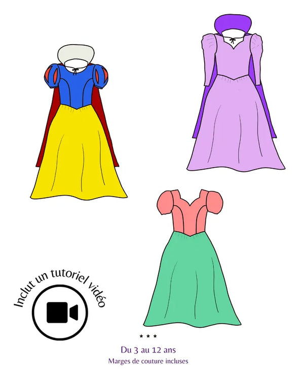 Patrons de couture PDF pour costumes de princesses, incluant un tutoriel vidéo, tailles 3 à 12 ans.