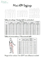 Tableau des tailles et mesures pour le patron de couture pdf à télécharger Duo KIM - legging pour femmes (34-54) et filles (2-16 Ans).