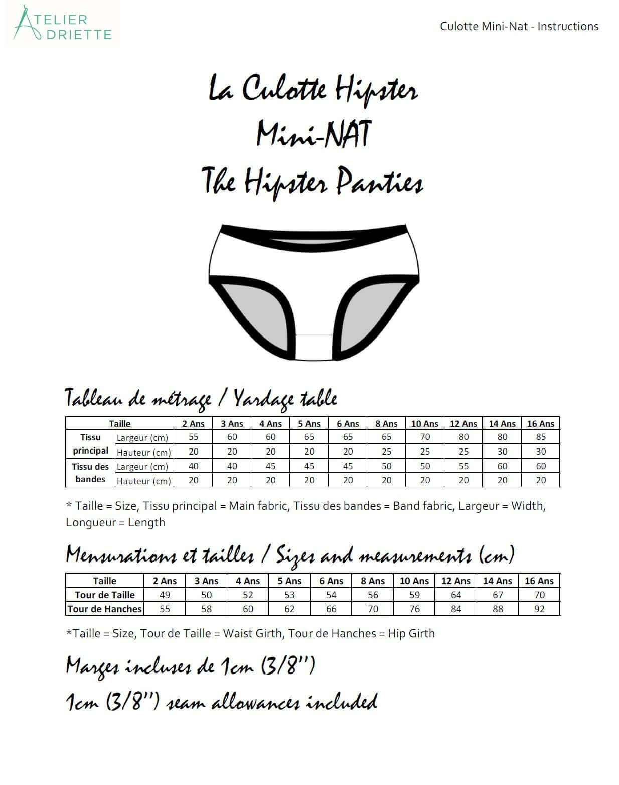 Instructions pour coudre la culotte hipster Mini-NAT avec guide des tailles et marges incluses.