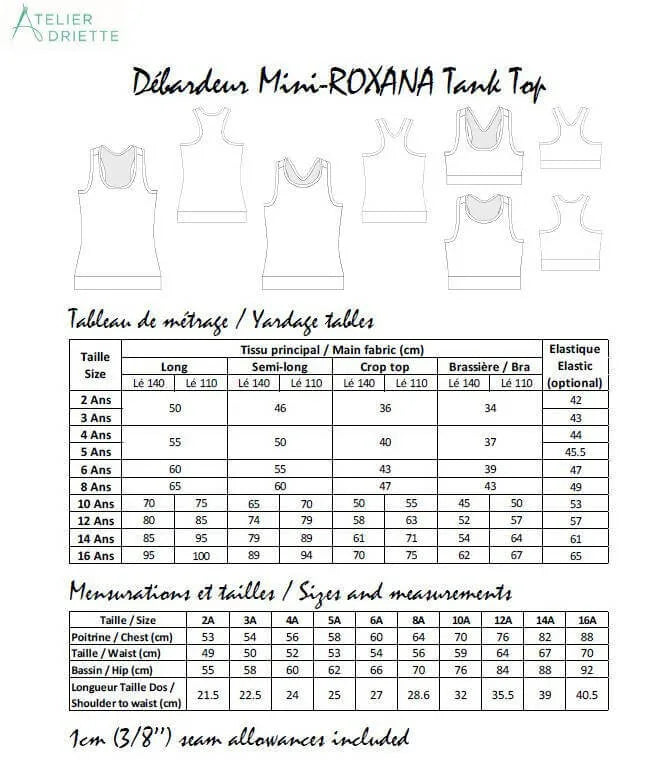 Tableau du patron de couture pdf à télécharger pour Duo ROXANA - Débardeur pour femmes (34 - 54) et filles (2 - 16 Ans).