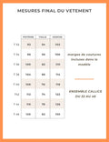 Tableau des tailles pour Ensemble Callice, patron de couture pdf à télécharger, avec mesures de poitrine, taille, et hanche.