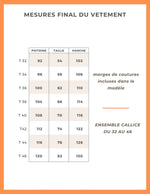 Tableau des tailles pour Ensemble Callice, patron de couture pdf à télécharger, avec mesures de poitrine, taille, et hanche.