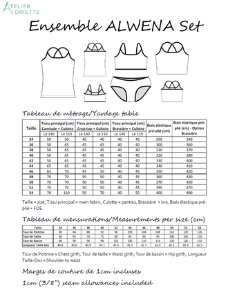 Patron de couture PDF à télécharger: Ensemble Culotte & Camisole ALWENA du 34 au 54, tableau de mesures inclus