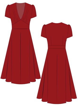 FAYA ROBE-taille de 30 à 58 EU, élégante robe des années 40 avec col V, patron de couture pdf à télécharger, vue avant et arrière.