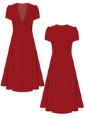 FAYA ROBE-taille de 30 à 58 EU, élégante robe des années 40 avec col V, patron de couture pdf à télécharger, vue avant et arrière.