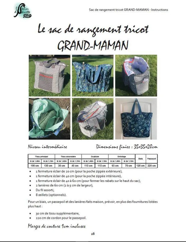 GRAND-MAMAN - Sac de tricot 35cm x 35cm x 20cm avec images et instructions, idéal pour patron de couture pdf à télécharger.