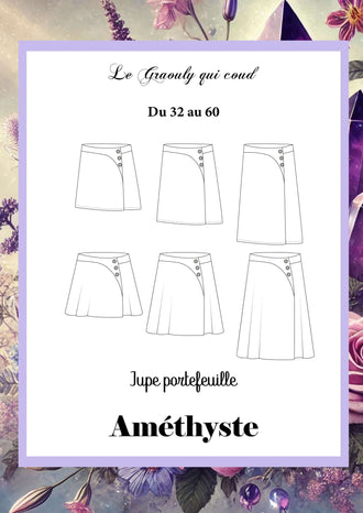 Patron de couture PDF à télécharger pour Jupe Améthyste, jupe portefeuille avec deux coupes et trois longueurs personnalisables.