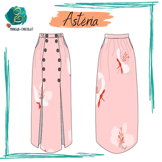 Illustration Jupe Astéria - T36 à 50, patron de couture pdf à télécharger avec détails de boutons et motif floral rose.