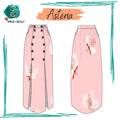 Illustration Jupe Astéria - T36 à 50, patron de couture pdf à télécharger avec détails de boutons et motif floral rose.