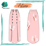 Illustration Jupe Astéria - T36 à 50, patron de couture pdf à télécharger avec détails de boutons et motif floral rose.