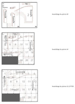 Patron de couture pdf à télécharger pour KAYLA Chemisier-taille de 30 à 58 EU, montrant l'assemblage sur différents formats de page.