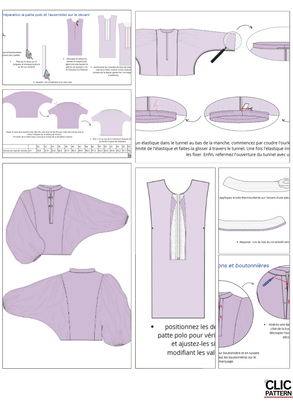 Guide de patron de couture PDF à télécharger pour KAYLA Chemisier-taille de 30 à 58 EU, avec détails de découpe et manches kimono.