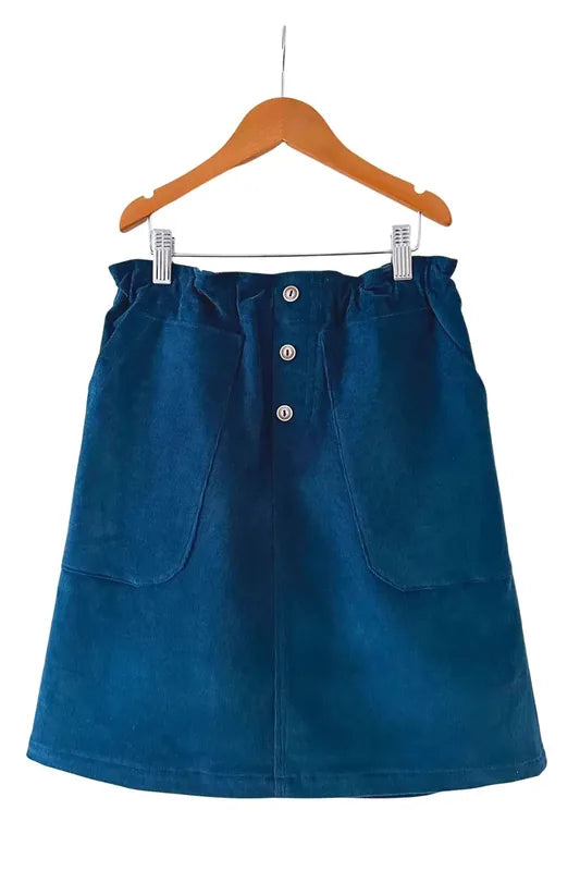 Patron PDF Jupe Chabichou Enfant de 1 à 14 ans, jupe bleue avec taille élastiquée et boutons, patron de couture pdf à télécharger pour enfants.