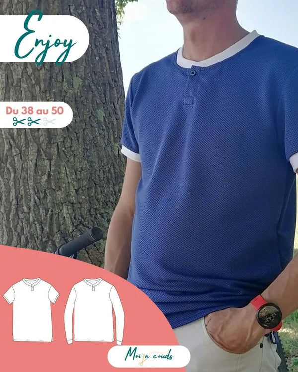 Le Polo Enjoy Homme du 38 au 50 sur un homme, style décontracté, patron PDF à télécharger.