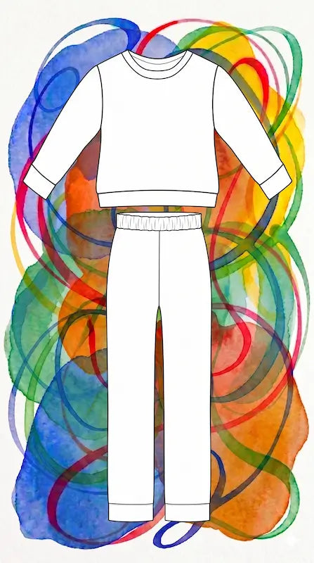 Modèle de pyjama Chaource pour enfant avec pantalon et tee-shirt, disponible en plusieurs tailles avec guide explicatif en couleurs.