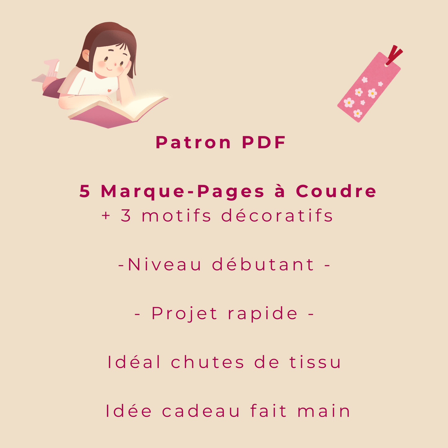Les 5 MARK' TAPAGE : patron de couture pdf à télécharger pour 5 modèles de marque-pages décoratifs.