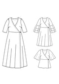 Illustration du patron de couture pdf à télécharger MANDARINE : la robe / blouse portefeuille avec plusieurs options de manches.
